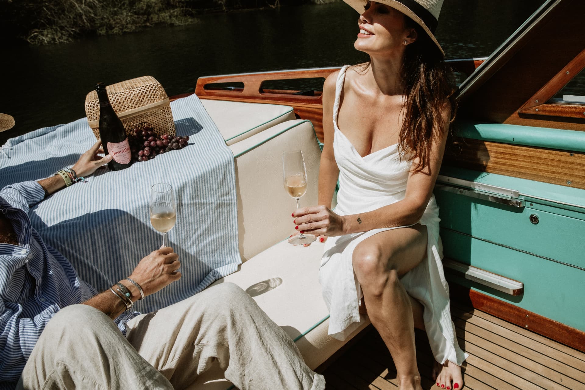 Champagne and grapes served on the aft deck