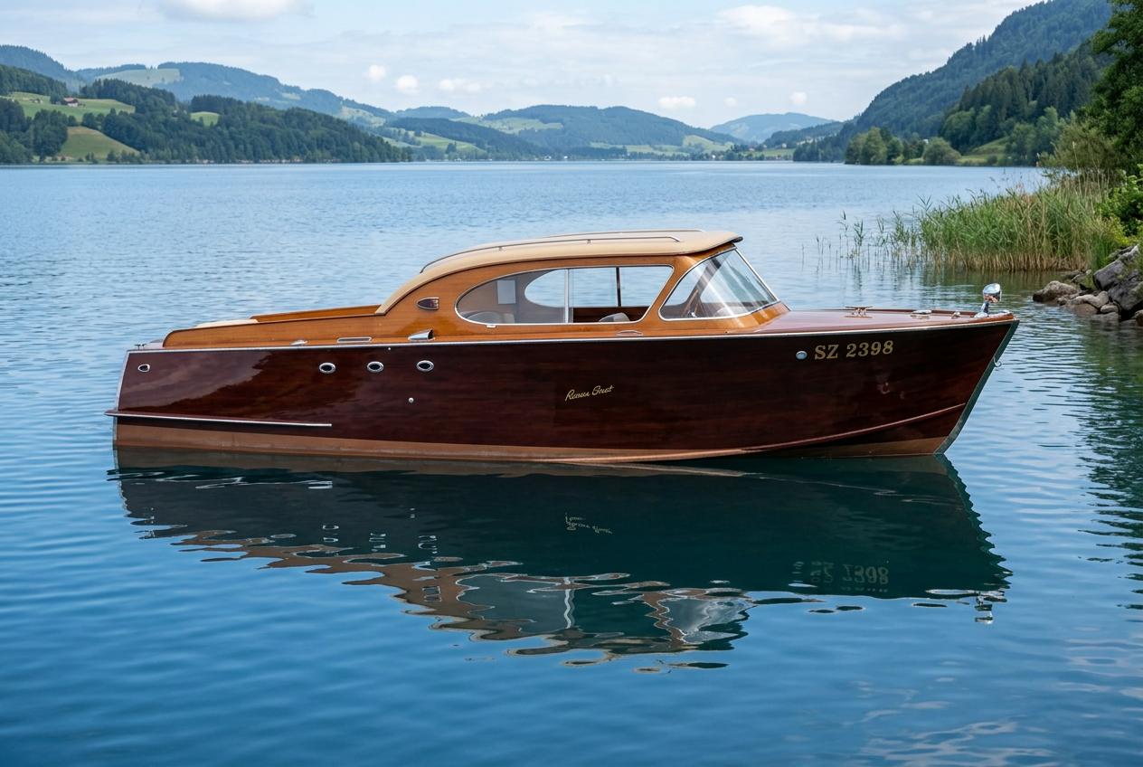 Swiss Craft profile view, dark mahogany hull