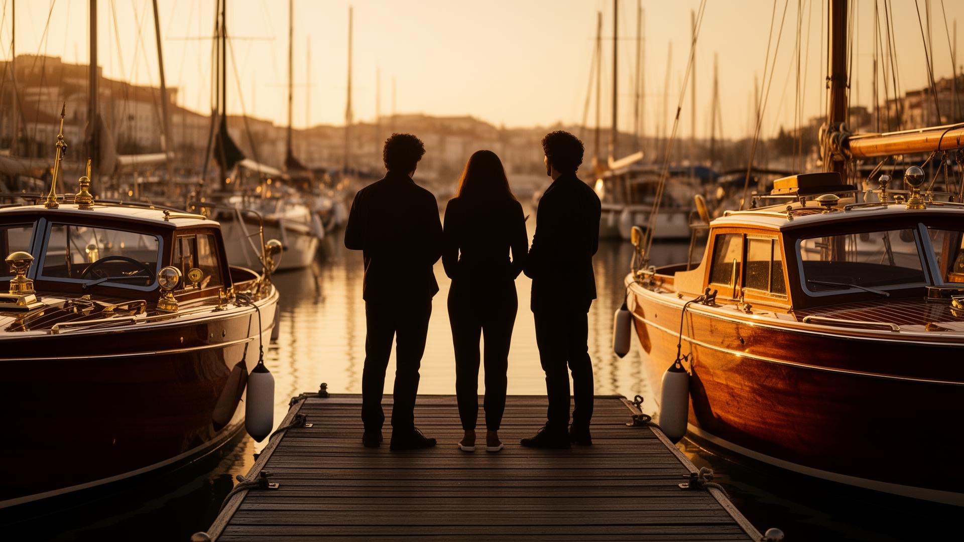 Friends at golden hour on a wooden dock with classic boats