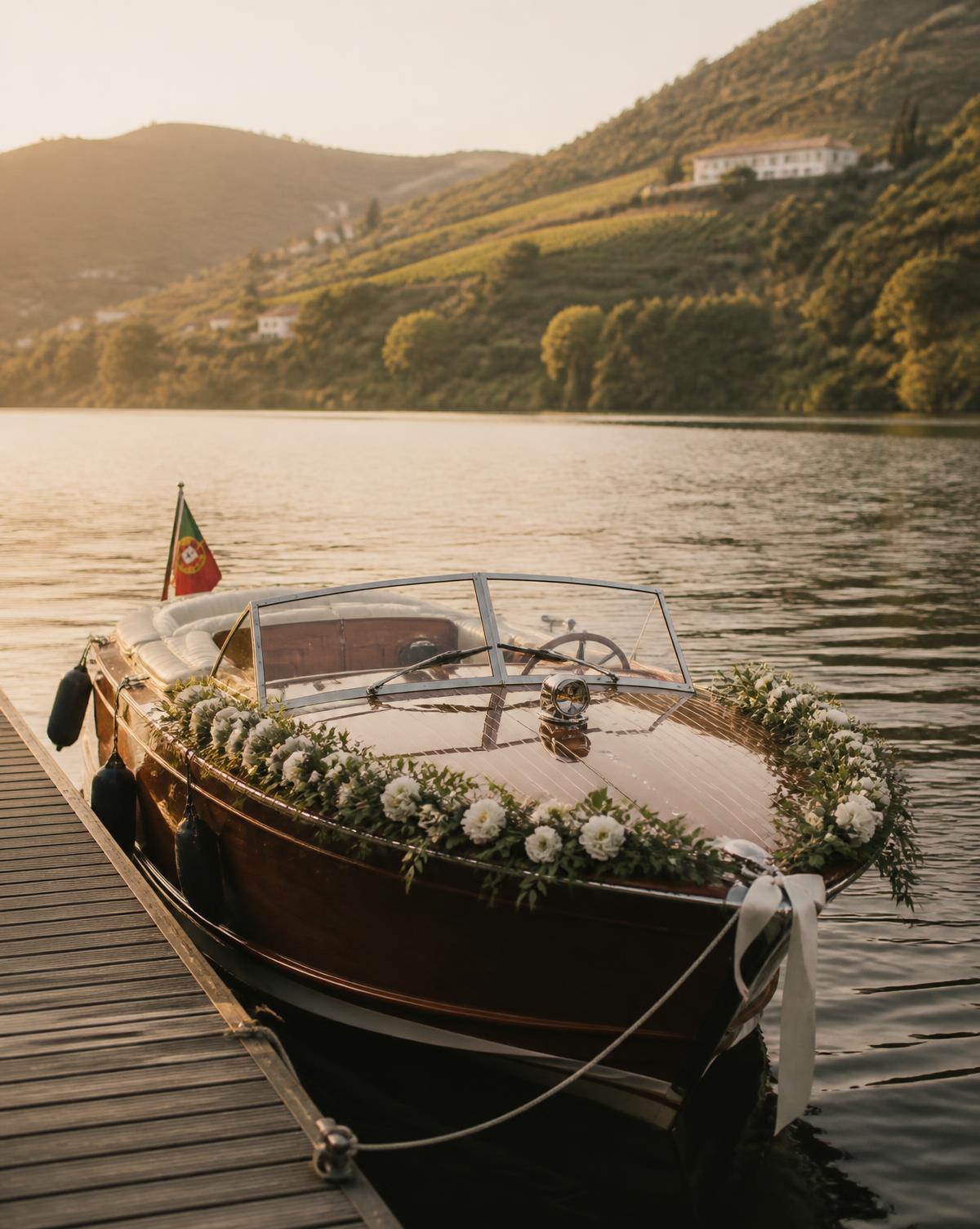 Barco clássico decorado com flores brancas atracado num cais no Douro