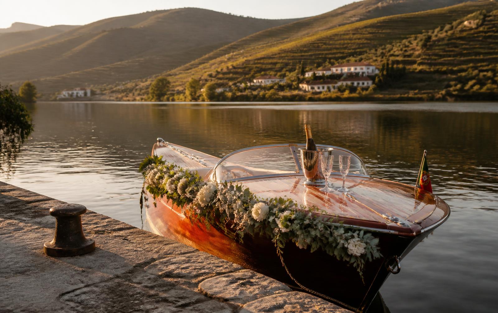 Barco clássico decorado com flores brancas atracado num cais do Douro ao pôr do sol