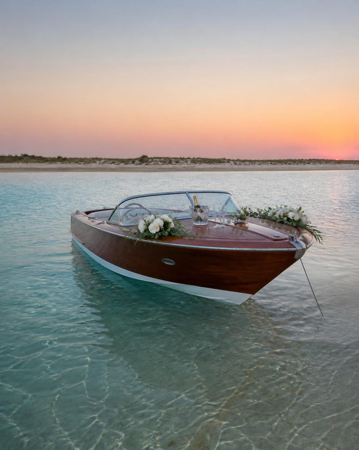 Barco clássico decorado com flores fundeado numa praia da Comporta ao pôr do sol