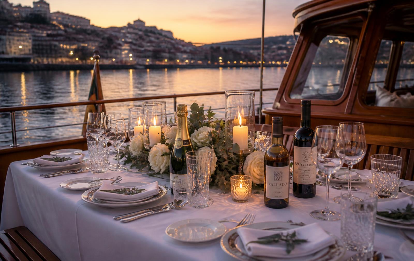 Mesa de jantar de casamento posta no convés do barco ao anoitecer
