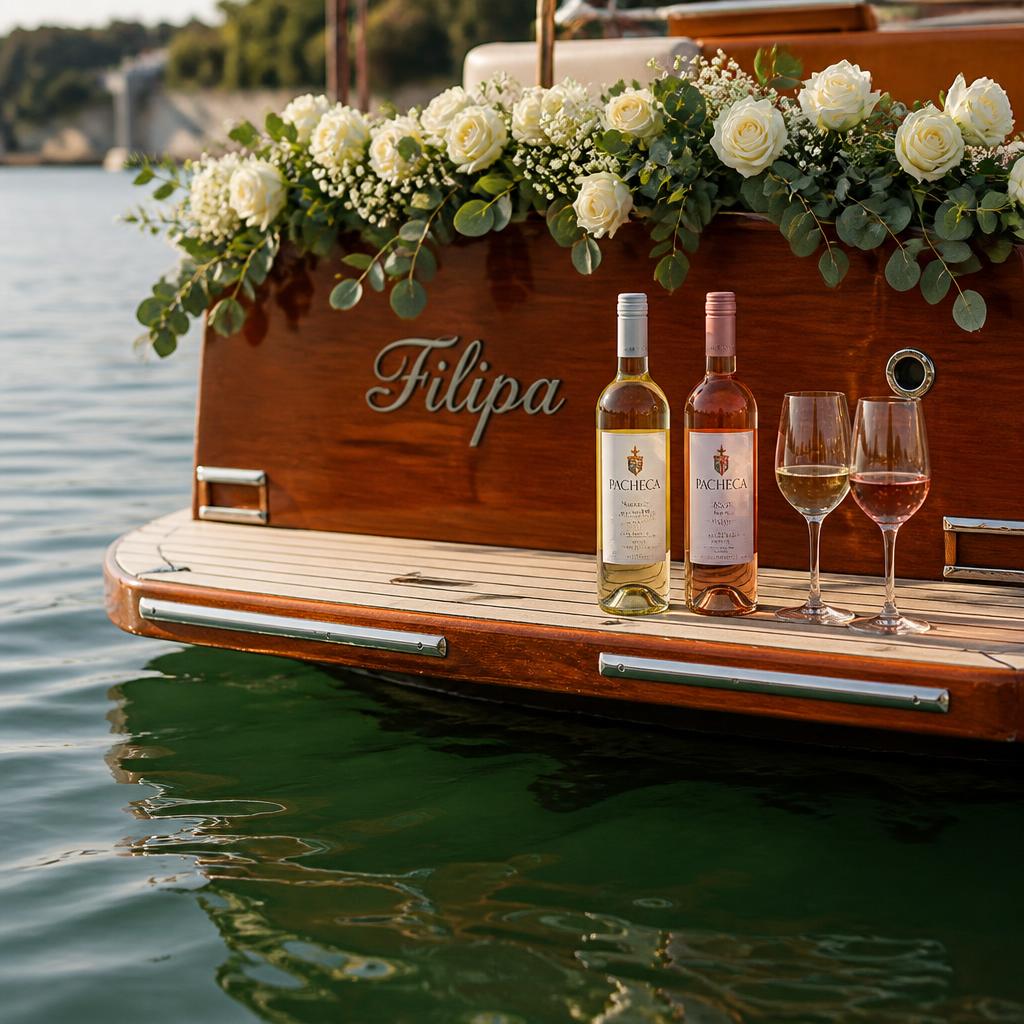 Garrafas de vinho branco e rosé na plataforma de teca com grinalda de flores
