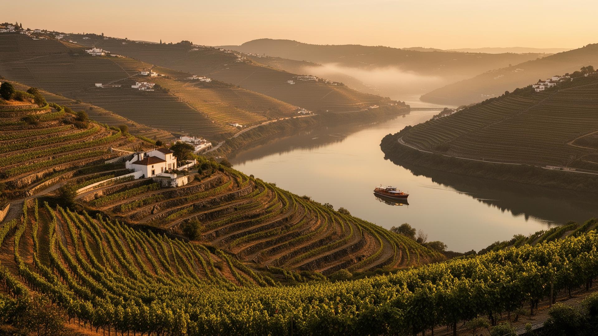 The Douro Valley at golden hour, terraced vineyards along the river
