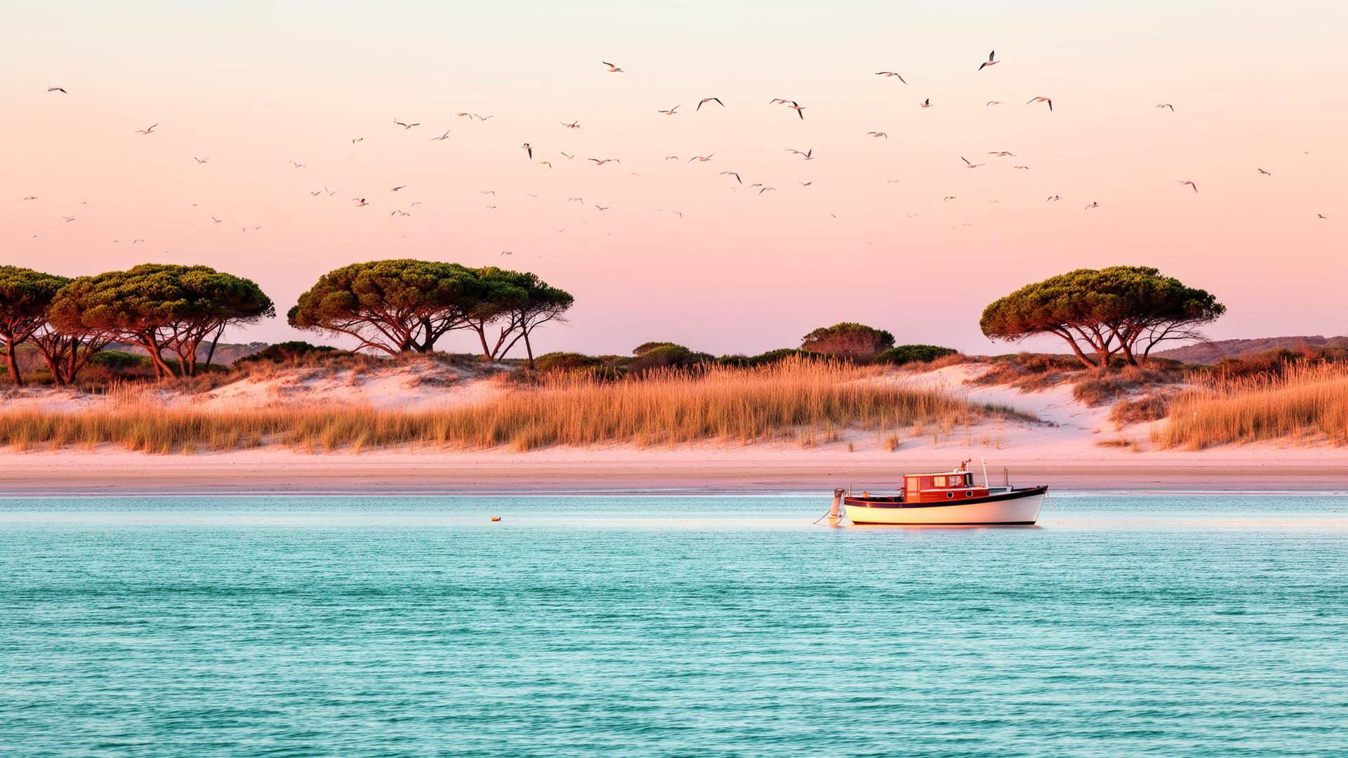 The Sado Estuary at golden hour, pine trees and dunes
