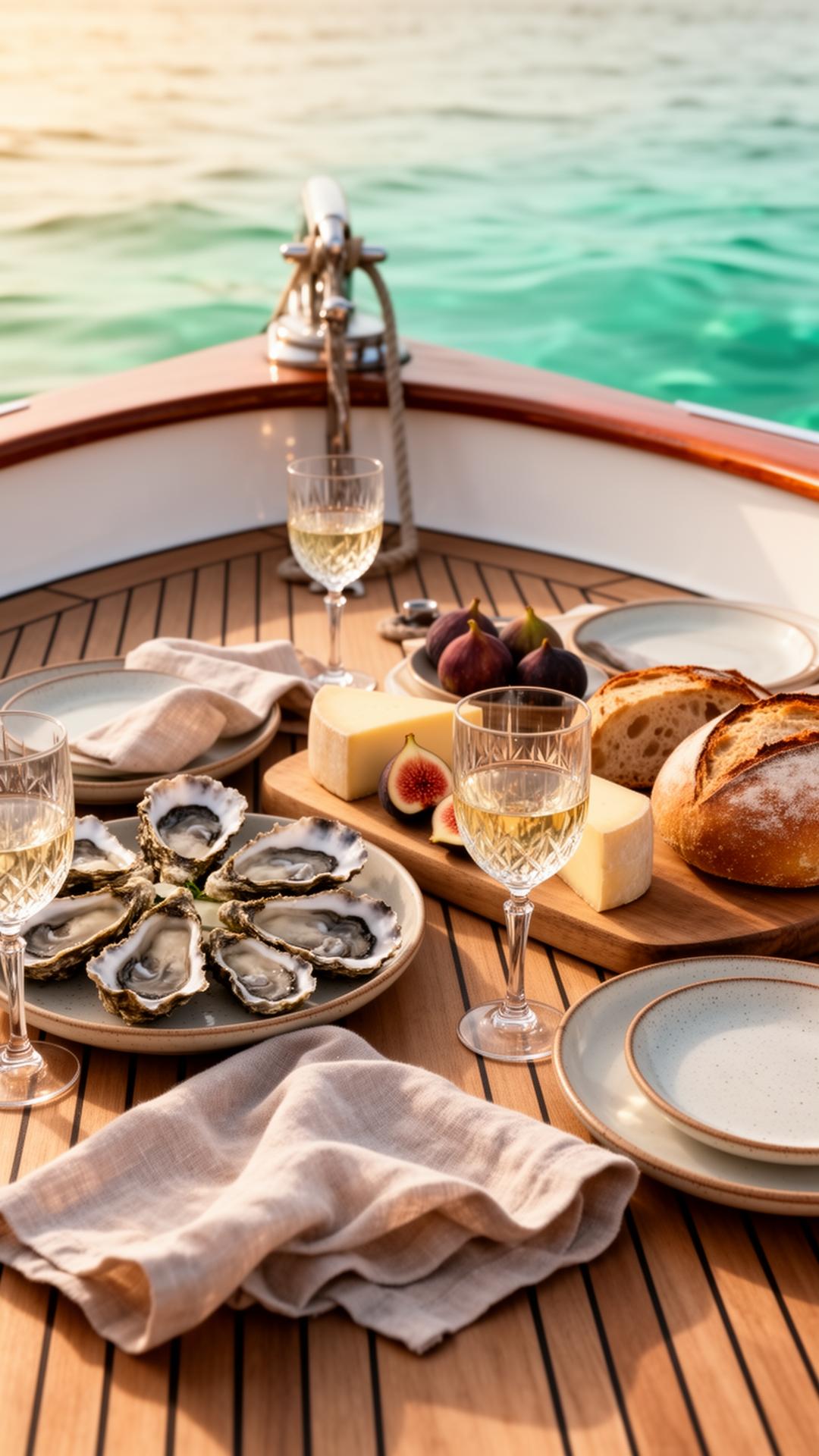 Curated picnic spread on the teak deck of a Sargo boat