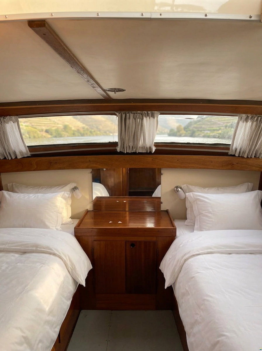 Forward cabin with Douro river view through curtained windows