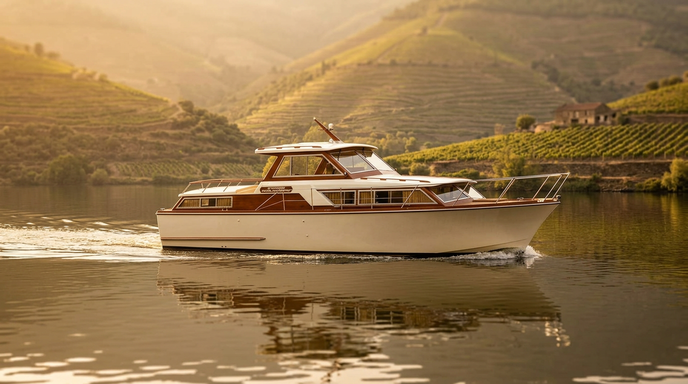 Classic Storebro motor yacht resting on the Douro river at golden hour