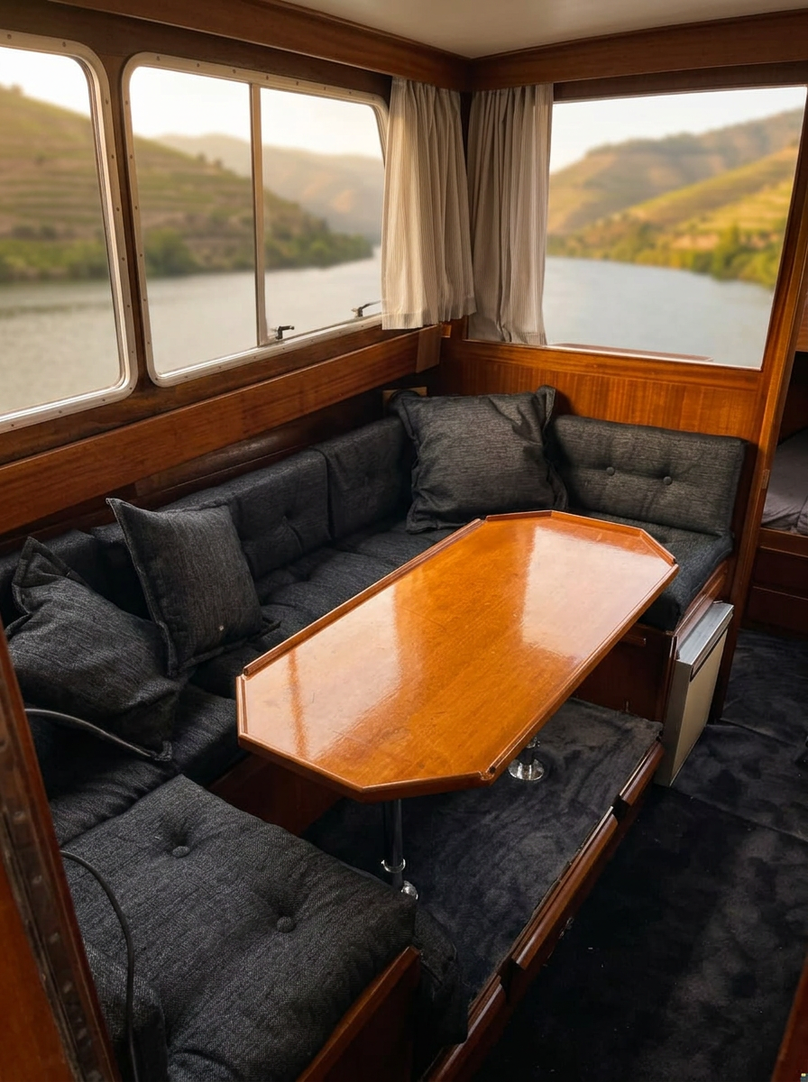 Mahogany-panelled lounge with Douro valley through the windows
