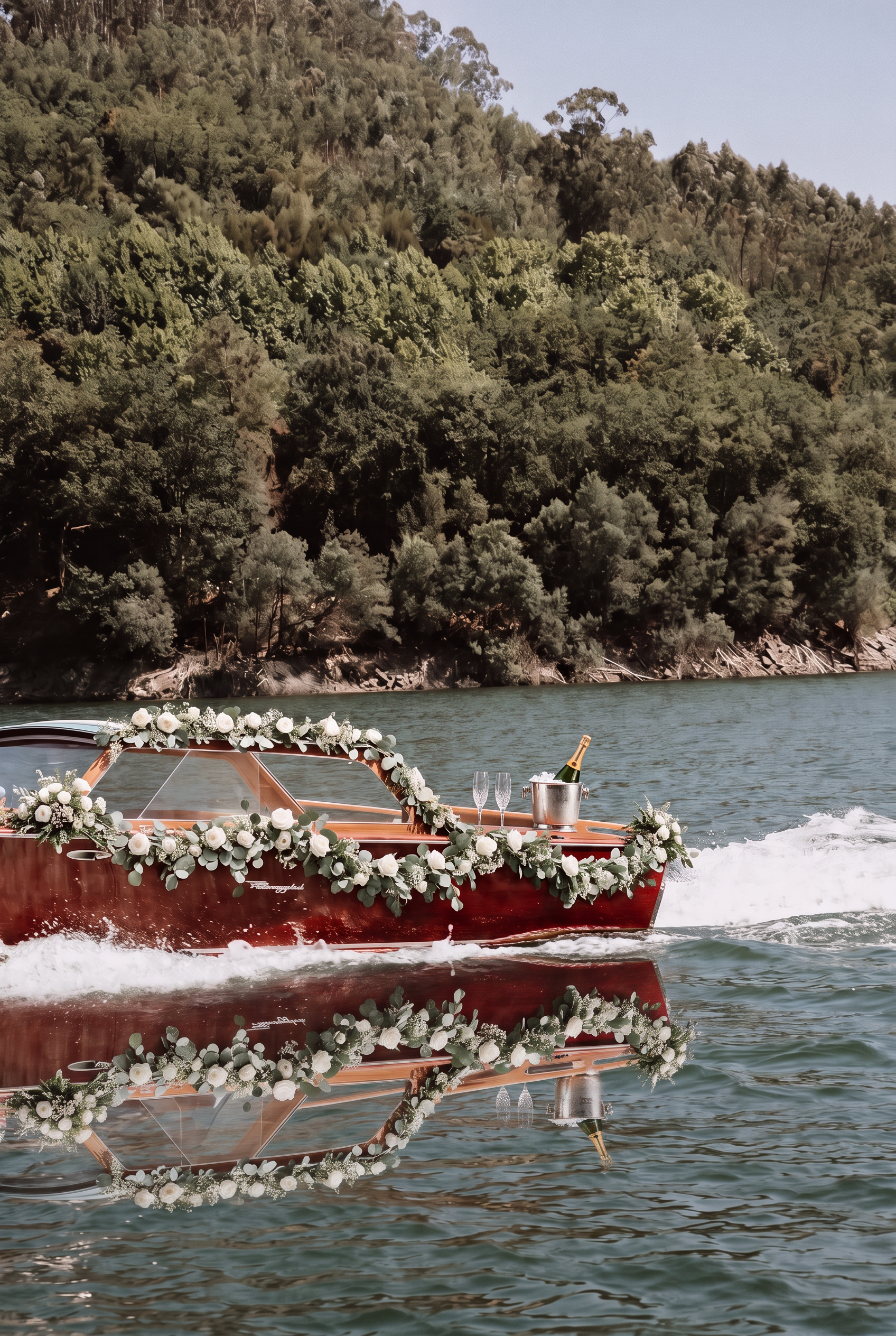 Barco de mogno decorado com flores em navegação num rio português
