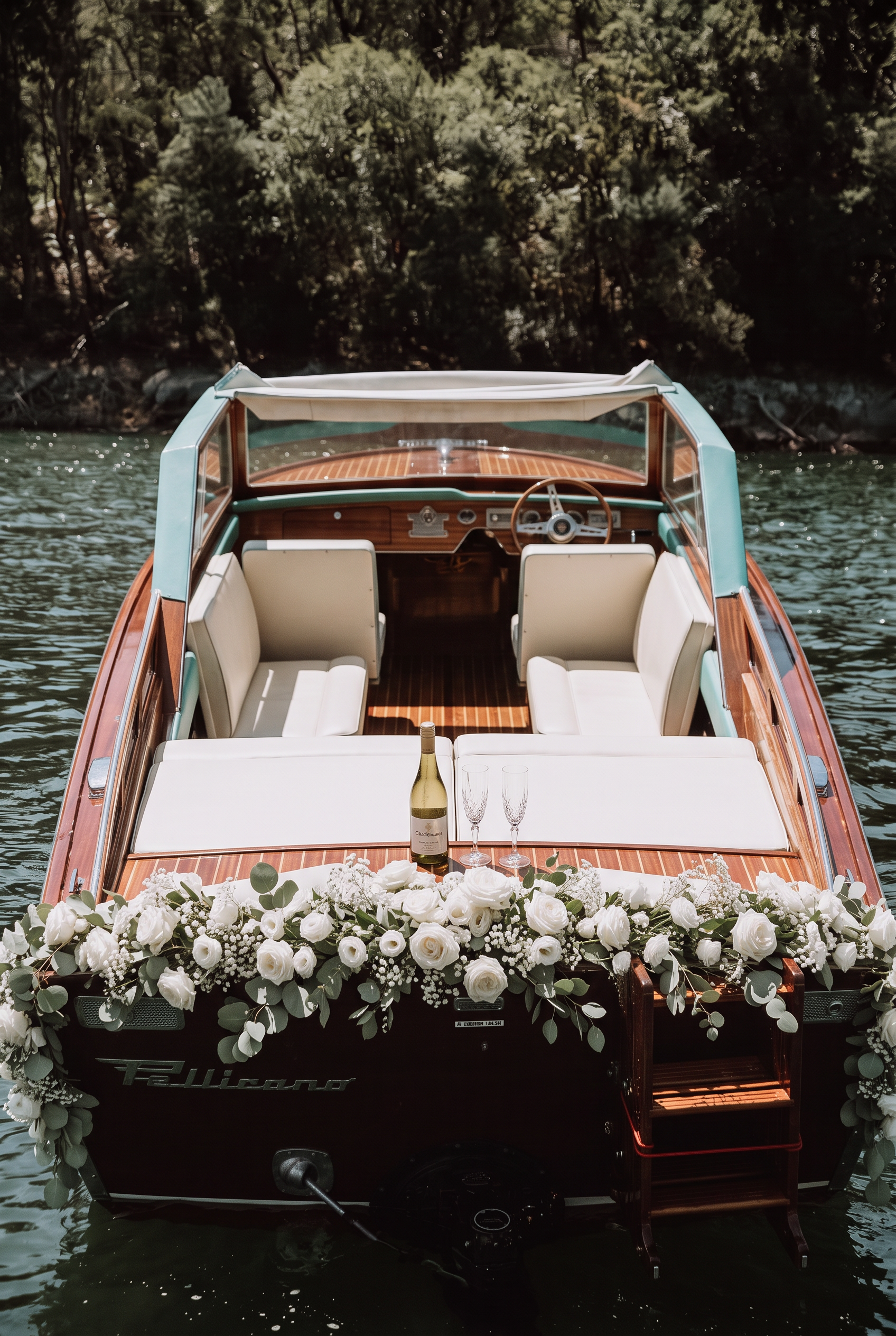 Popa do barco clássico com grinalda de rosas brancas e vinho a bordo